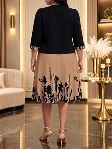 SHEIN Lady Plus Size Elegant Celestial Party Formal Office Christening Guest Dinner Jacket Floral Print Dress 2 Pieces Set Wedding Black Summer Wedding - Khaki - View 4