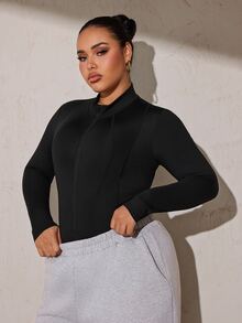 SHEIN Rhythm Era Women's Plus Size Solid Color Zip-Up Long Sleeve Sports Jumpsuit - Black - View 5