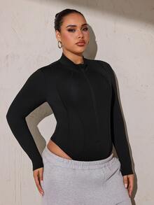 SHEIN Rhythm Era Women's Plus Size Solid Color Zip-Up Long Sleeve Sports Jumpsuit - Black - View 6