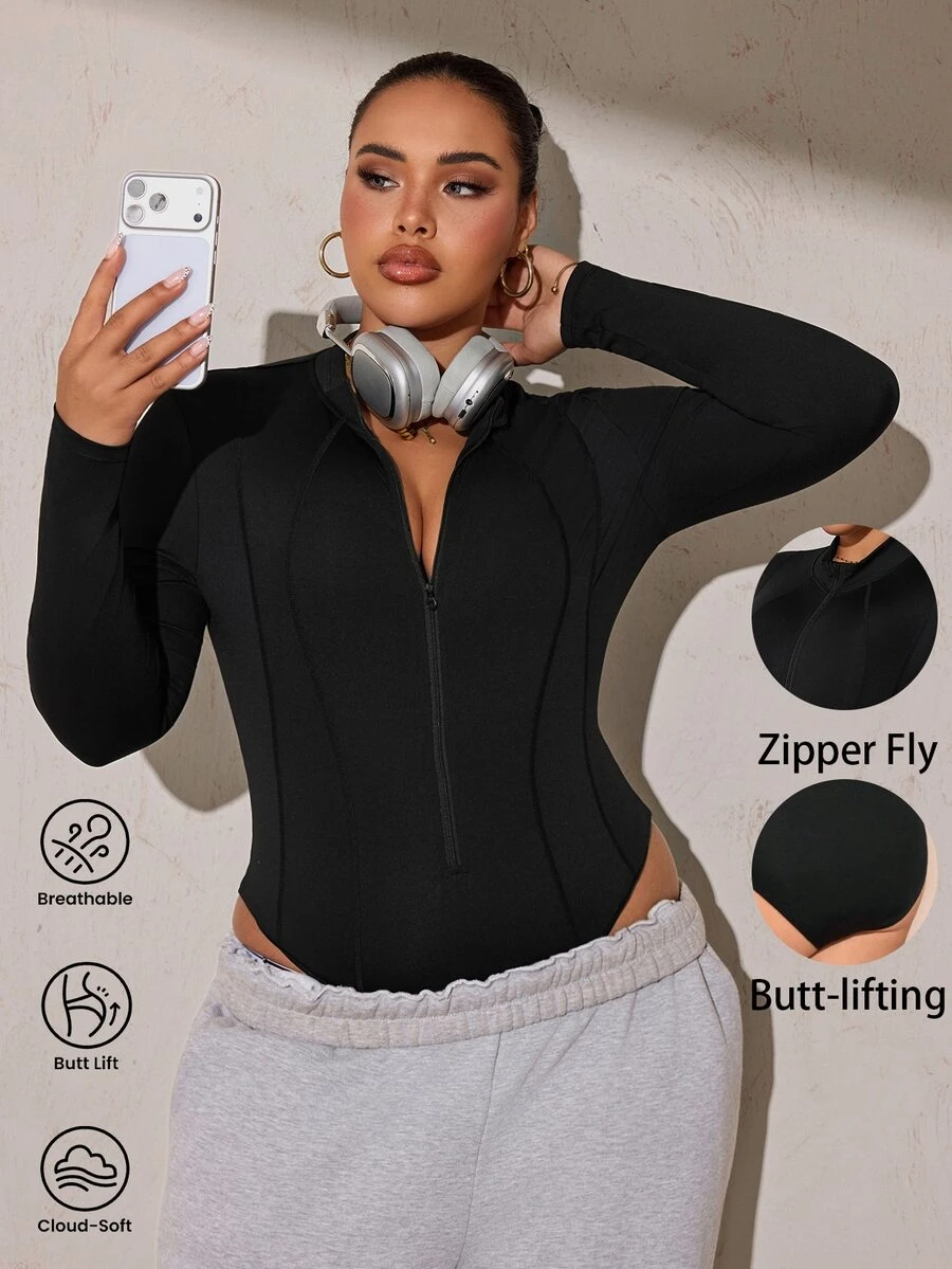SHEIN Rhythm Era Women's Plus Size Solid Color Zip-Up Long Sleeve Sports Jumpsuit - Black - View 1