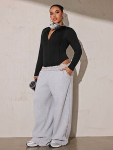 SHEIN Rhythm Era Women's Plus Size Solid Color Zip-Up Long Sleeve Sports Jumpsuit - Black - View 3