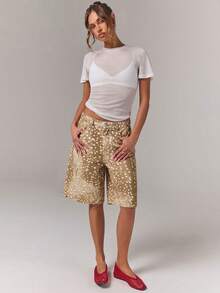 Athîral Denim 女款休閒街頭風鹿色動物印花低腰寬腿百慕達牛仔長褲，夏季大尺碼日常外出褲 - 卡其色 - 查看 3