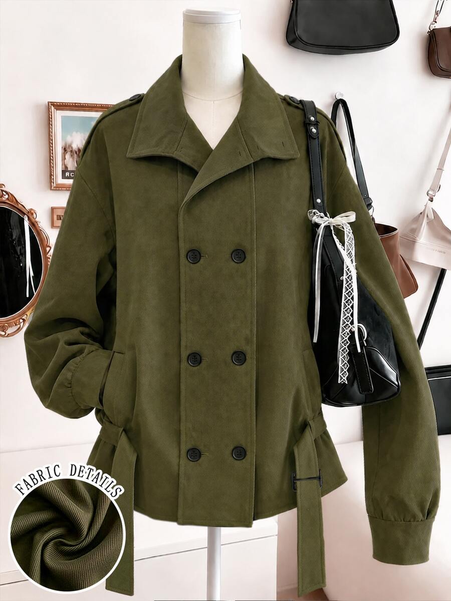 Lalippa Mantel Trench Kasual Wanita Warna Polos Lengan Panjang dengan Bahu Longgar dan Kancing Ganda - Hijau Tentara - View 1