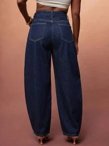Vixey Women's Casual Washed Asymmetrical Waistline Straight Leg Denim Jeans With Pockets - Dark Wash - View 2