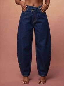 Vixey Women's Casual Washed Asymmetrical Waistline Straight Leg Denim Jeans With Pockets - Dark Wash - View 1
