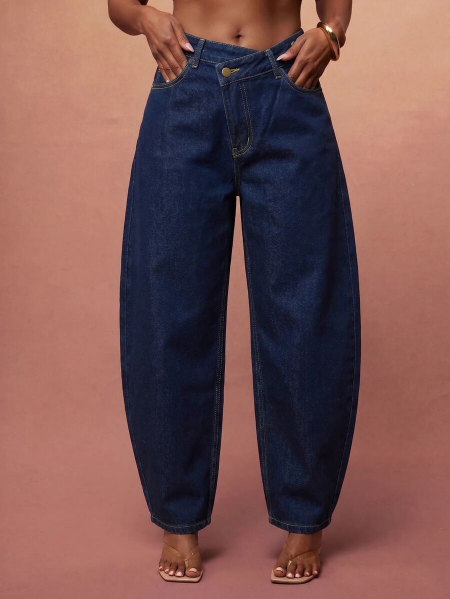 Vixey Women's Casual Washed Asymmetrical Waistline Straight Leg Denim Jeans With Pockets - Dark Wash - View 1
