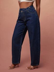 Vixey Women's Casual Washed Asymmetrical Waistline Straight Leg Denim Jeans With Pockets - Dark Wash - View 3