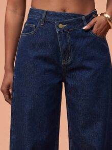 Vixey Women's Casual Washed Asymmetrical Waistline Straight Leg Denim Jeans With Pockets - Dark Wash - View 4