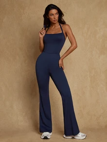 Glamine Ladies' Blue Camisole Jumpsuit Pants - High Waisted Elastic Flared Leg Yoga Pants, Sexy Modest Sports And Fitness Two Pieces Set Gym Active Fall - Blue - View 6