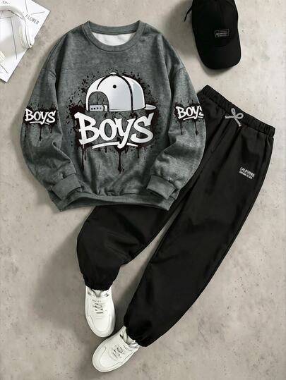 SHEIN Coolqubz 2 pièces/Ensemble sweat-shirt blanc & Pantalon vert foncé pour garçons, Impression graphique verte sur la poitrine, Style de rue cool, Tissu doux & confortable, Facile à porter, Convient pour le printemps/automne, l'école, les sorties, Indispensable pour les adolescents