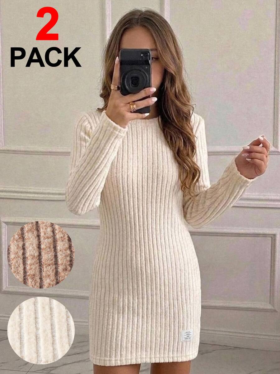 SHEIN 2PCS Tween Girls Dresses School Off-White Light Brown Autumn Casual - Multicolor - View 1