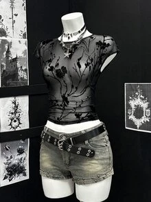 Bitrose Women Floral Mesh Round Neck Cap Sleeve Cropped Fitted Sexy Blouse - Black - View 5