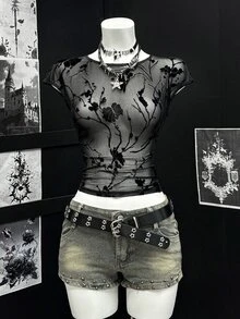 Bitrose Women Floral Mesh Round Neck Cap Sleeve Cropped Fitted Sexy Blouse - Black - View 3