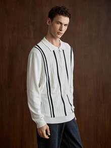 Manfinity Homme كنزة بولو رجالية كاجوال بأكمام طويلة وسحاب نصفي، بلوفر مخطط عمودي للربيع/الخريف/الشتاء، بلون أسود وأبيض متباين، قصة فضفاضة، ملابس علوية بأكمام طويلة بتصميم بسيط للعمل والتنقل مع خطوط عمودية نحيفة - أبيض - مشاهدة 5