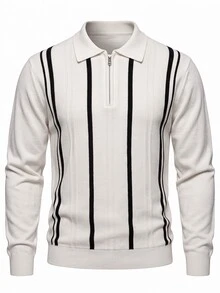 Manfinity Homme كنزة بولو رجالية كاجوال بأكمام طويلة وسحاب نصفي، بلوفر مخطط عمودي للربيع/الخريف/الشتاء، بلون أسود وأبيض متباين، قصة فضفاضة، ملابس علوية بأكمام طويلة بتصميم بسيط للعمل والتنقل مع خطوط عمودية نحيفة - أبيض - مشاهدة 8