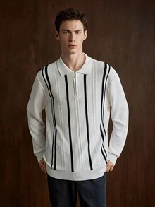 Manfinity Homme كنزة بولو رجالية كاجوال بأكمام طويلة وسحاب نصفي، بلوفر مخطط عمودي للربيع/الخريف/الشتاء، بلون أسود وأبيض متباين، قصة فضفاضة، ملابس علوية بأكمام طويلة بتصميم بسيط للعمل والتنقل مع خطوط عمودية نحيفة - أبيض - مشاهدة 4