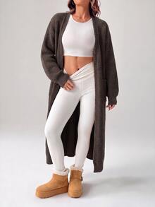 SHEIN PETITE Women's Warm Cardigan For Outings In Autumn And Winter - Coffee Brown - View 5