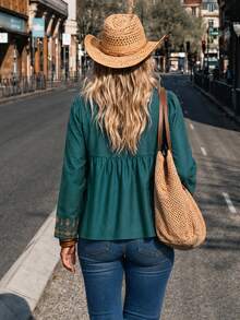 LanaWest Women's Long Sleeve Square Neck Print Dark Green Blouse - Dark Green - View 3