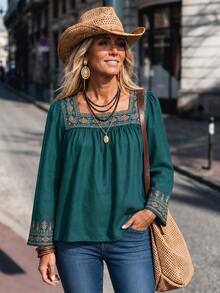LanaWest Women's Long Sleeve Square Neck Print Dark Green Blouse - Dark Green - View 2