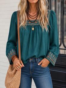 LanaWest Women's Long Sleeve Square Neck Print Dark Green Blouse - Dark Green - View 6