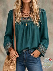 LanaWest Women's Long Sleeve Square Neck Print Dark Green Blouse - Dark Green - View 1
