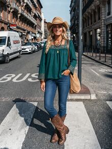 LanaWest Women's Long Sleeve Square Neck Print Dark Green Blouse - Dark Green - View 5