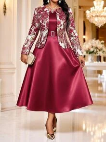 Plus Size Women Solid Color Dress And Cardigan Casual 2 Pieces Set - Burgundy - View 1