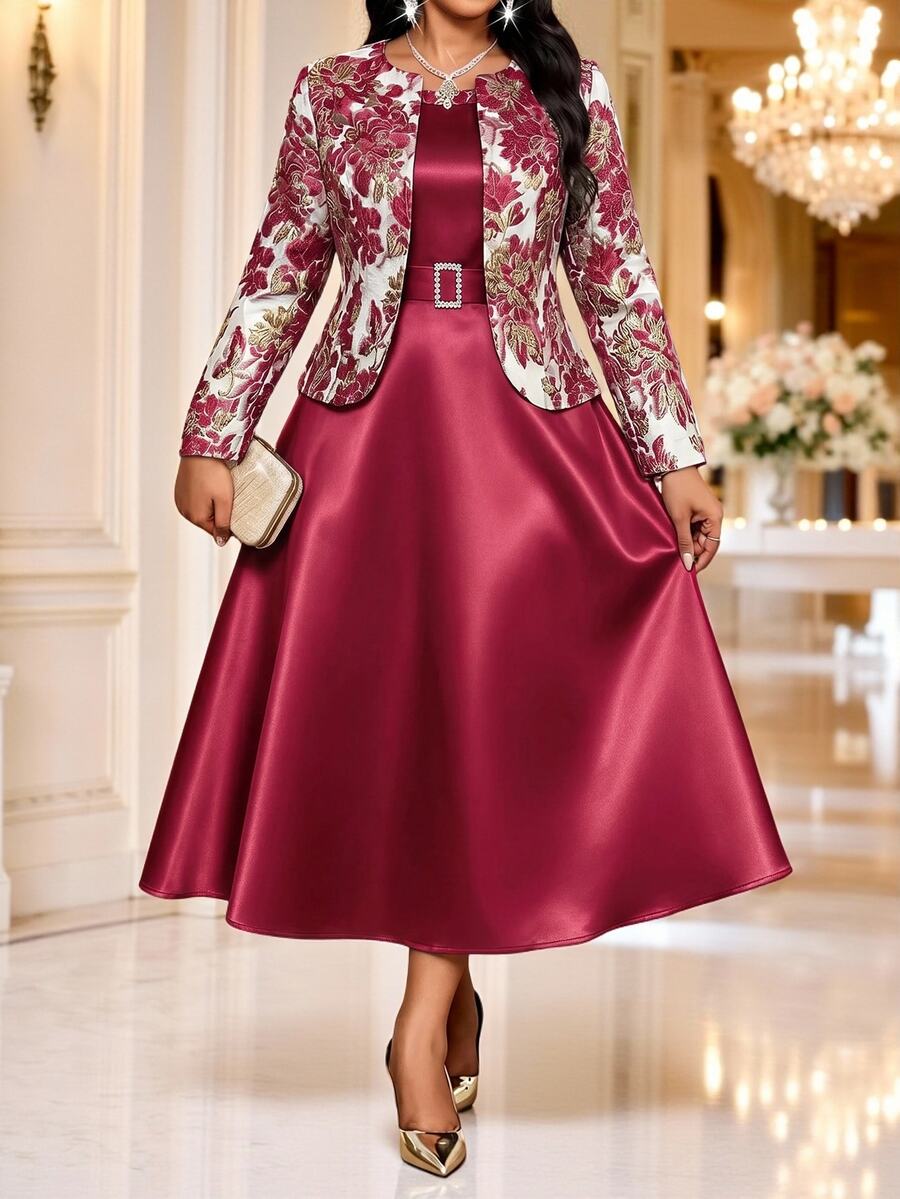 Plus Size Women Solid Color Dress And Cardigan Casual 2 Pieces Set - Burgundy - View 1