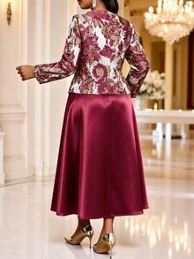 Plus Size Women Solid Color Dress And Cardigan Casual 2 Pieces Set - Burgundy - View 2