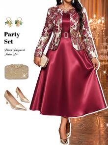 Plus Size Women Solid Color Dress And Cardigan Casual 2 Pieces Set - Burgundy - View 5