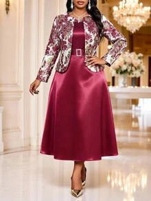Plus Size Women Solid Color Dress And Cardigan Casual 2 Pieces Set - Burgundy - View 4