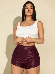SHEIN SXY 女款仿鱷魚紋理百褶時尚短褲 - 酒紅色 - 查看 8