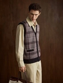 Manfinity CityGents Old Money 街頭風學院風優雅 90 年代男士春秋灰色格紋針織背心，美式休閒風度假辦公工作教師格紋背心 - 咖啡棕 - 查看 6