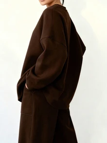 EMERY ROSE طقم نسائي مقاس كبير كاجوال للتنقل اليومي، سويت شيرت فضفاض بأكتاف منسدلة مطرز وبنطال رياضي واسع الساق، قطعتان، للخريف - بني - مشاهدة 5