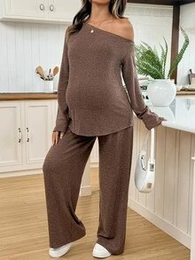 SHEIN Women's Maternity Casual Two Pieces Set: Asymmetric-Neck Long-Sleeve T-Shirt Adjustable-Waist Pants (Autumn/Winter) Fall Photoshoot Formal Brown - Brown - View 5