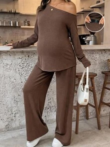 SHEIN Women's Maternity Casual Two Pieces Set: Asymmetric-Neck Long-Sleeve T-Shirt Adjustable-Waist Pants (Autumn/Winter) Fall Photoshoot Formal Brown - Brown - View 1