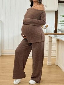 SHEIN Women's Maternity Casual Two Pieces Set: Asymmetric-Neck Long-Sleeve T-Shirt Adjustable-Waist Pants (Autumn/Winter) Fall Photoshoot Formal Brown - Brown - View 3
