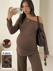 SHEIN Women's Maternity Casual Two Pieces Set: Asymmetric-Neck Long-Sleeve T-Shirt Adjustable-Waist Pants (Autumn/Winter) Fall Photoshoot Formal Brown - Brown - View 2