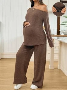 SHEIN Women's Maternity Casual Two Pieces Set: Asymmetric-Neck Long-Sleeve T-Shirt Adjustable-Waist Pants (Autumn/Winter) Fall Photoshoot Formal Brown - Brown - View 8