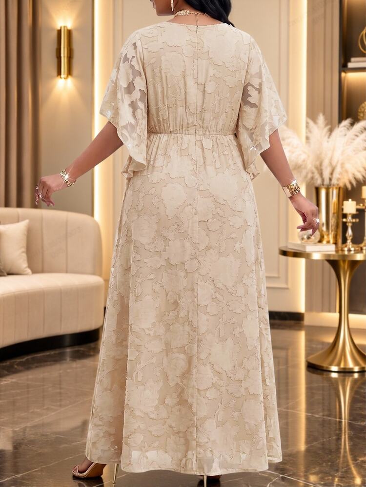Fleurora Plus Size Women's V-Neck Applique Pleated Casual Elegant Glamour Party Dinner Evening Formal Dress Wedding Cream Summer - Khaki - View 3