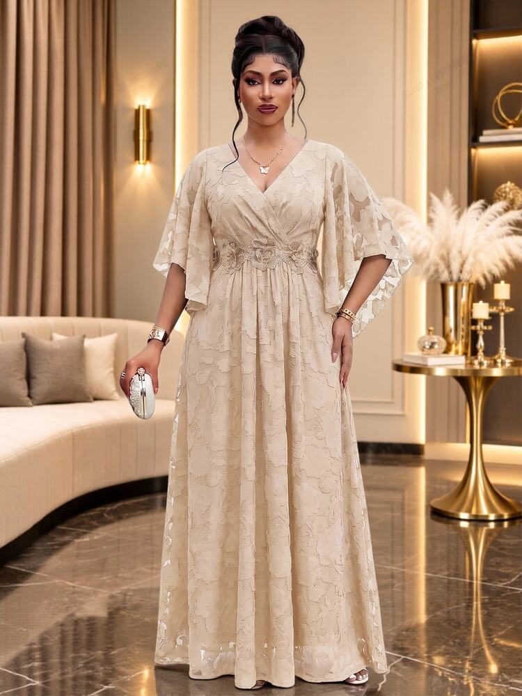Fleurora Plus Size Women's V-Neck Applique Pleated Casual Elegant Glamour Party Dinner Evening Formal Dress Wedding Cream Summer - Khaki - View 6