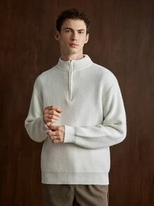 Manfinity CityGents 男士半拉鍊立領極簡長袖套頭毛衣，素色針織秋冬上衣，米色寬鬆套頭衫，通勤百搭休閒保暖內裡毛衣 - 白色 - 查看 5