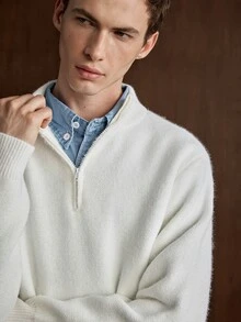 Manfinity CityGents 男士半拉鍊立領極簡長袖套頭毛衣，素色針織秋冬上衣，米色寬鬆套頭衫，通勤百搭休閒保暖內裡毛衣 - 白色 - 查看 1