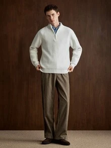 Manfinity CityGents 男士半拉鍊立領極簡長袖套頭毛衣，素色針織秋冬上衣，米色寬鬆套頭衫，通勤百搭休閒保暖內裡毛衣 - 白色 - 查看 7