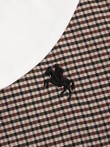 SHEIN 兒童青少年女孩秋冬休閒修身學院風日常拼接撞色翻領精緻復古小Logo刺繡抓皺公主長裙長袖梭織格紋咖啡棕色女童洋裝 - 咖啡棕 - 查看 4