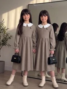SHEIN 兒童青少年女孩秋冬休閒修身學院風日常拼接撞色翻領精緻復古小Logo刺繡抓皺公主長裙長袖梭織格紋咖啡棕色女童洋裝 - 咖啡棕 - 查看 6