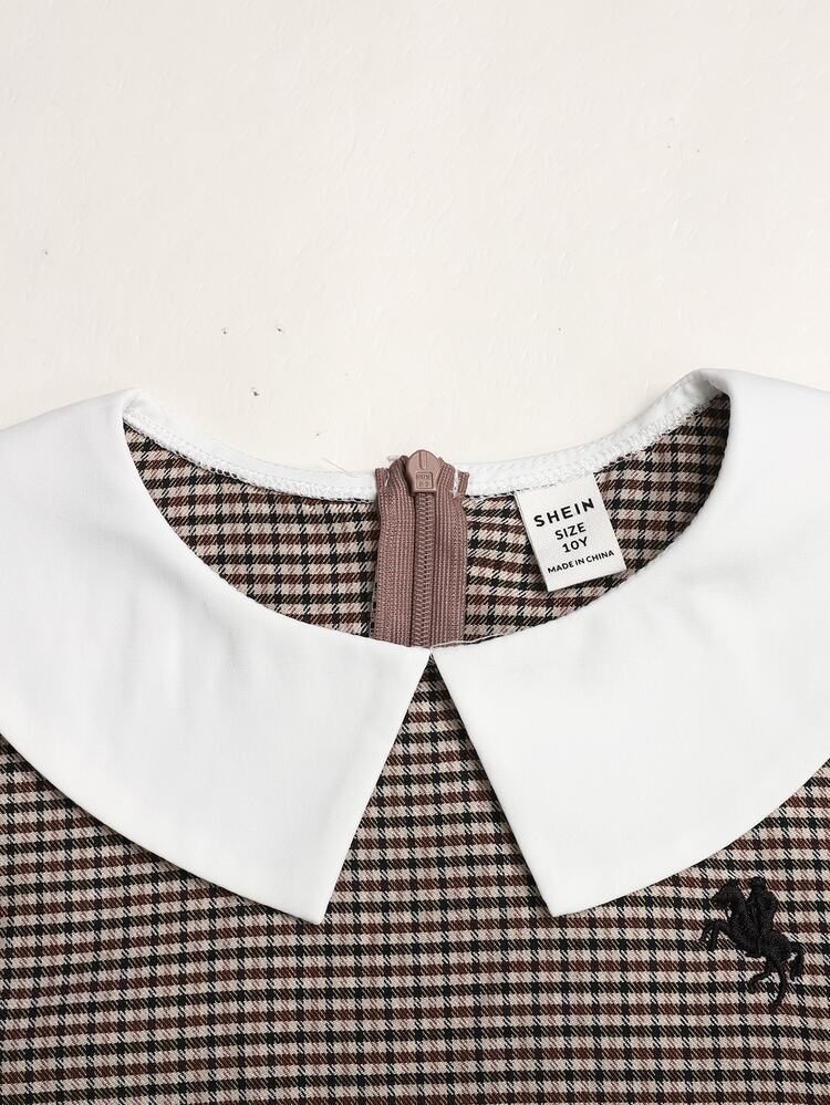 SHEIN Kids Tween Girl Autumn/Winter Casual Fitted College Style Daily Colorblock Patchwork Turn-Down Collar Exquisite Vintage Small Logo Embroidered Patchwork Ruched Full Skirt Princess Dress Long Sleeve Woven Plaid Dress Coffee Brown Girls Dress Children's Dress - Coffee Brown - View 5