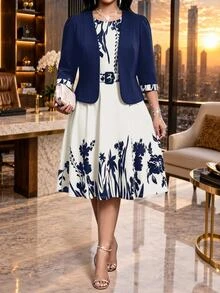 SHEIN Lady Plus Size Women's Patchwork Floral Print Open Front Jacket And Dress Elegant 2 Pieces Set Wedding Formal Office Navy Blue Summer - Navy Blue - View 1