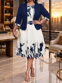 SHEIN Lady Plus Size Women's Patchwork Floral Print Open Front Jacket And Dress Elegant 2 Pieces Set Wedding Formal Office Navy Blue Summer - Navy Blue - View 5