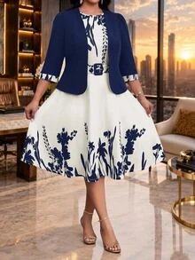 SHEIN Lady Plus Size Women's Patchwork Floral Print Open Front Jacket And Dress Elegant 2 Pieces Set Wedding Formal Office Navy Blue Summer - Navy Blue - View 2